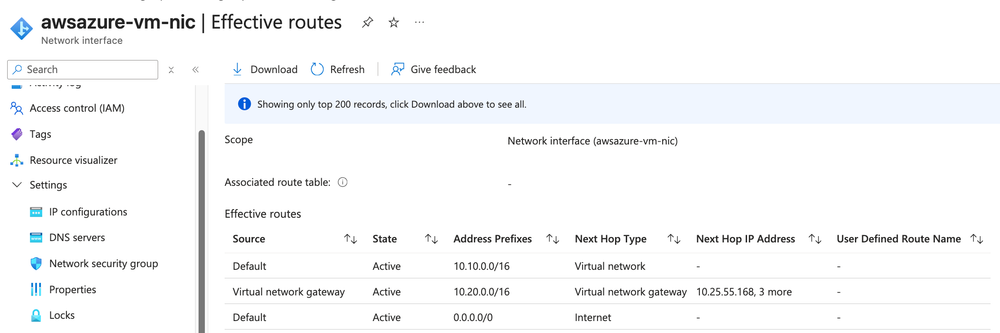 Azure effective routes on the VM NIC, showing the AWS VPC prefix learned via the ExpressRoute gateway